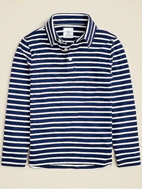 J. CREW CREWCUTS Boys Striped Navy & White Long-Sleeve Polo Top - Performance